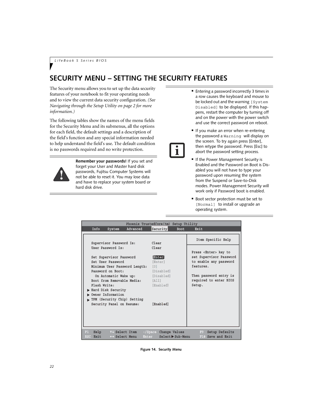 Fujitsu Siemens Computers S7210, S7211 manual Security Menu Setting the Security Features, Boot Exit 