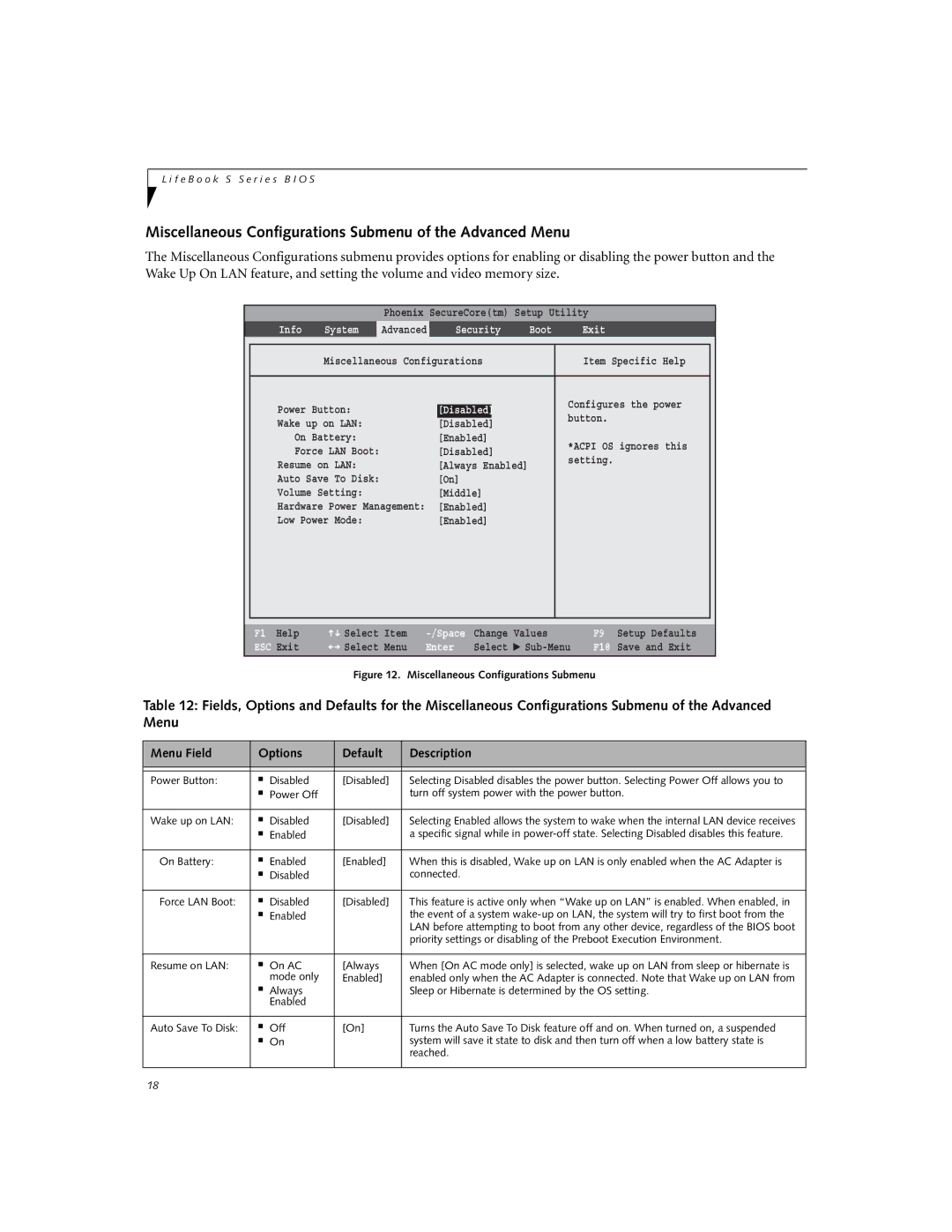 Fujitsu Siemens Computers S7220 manual Miscellaneous Configurations Submenu of the Advanced Menu, Disabled 