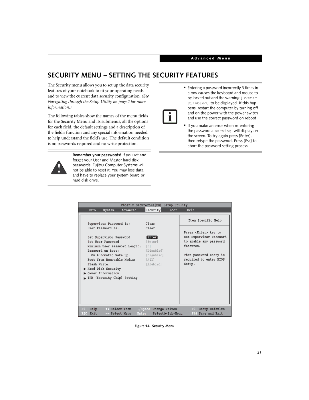 Fujitsu Siemens Computers S7220 manual Security Menu Setting the Security Features, Boot Exit 