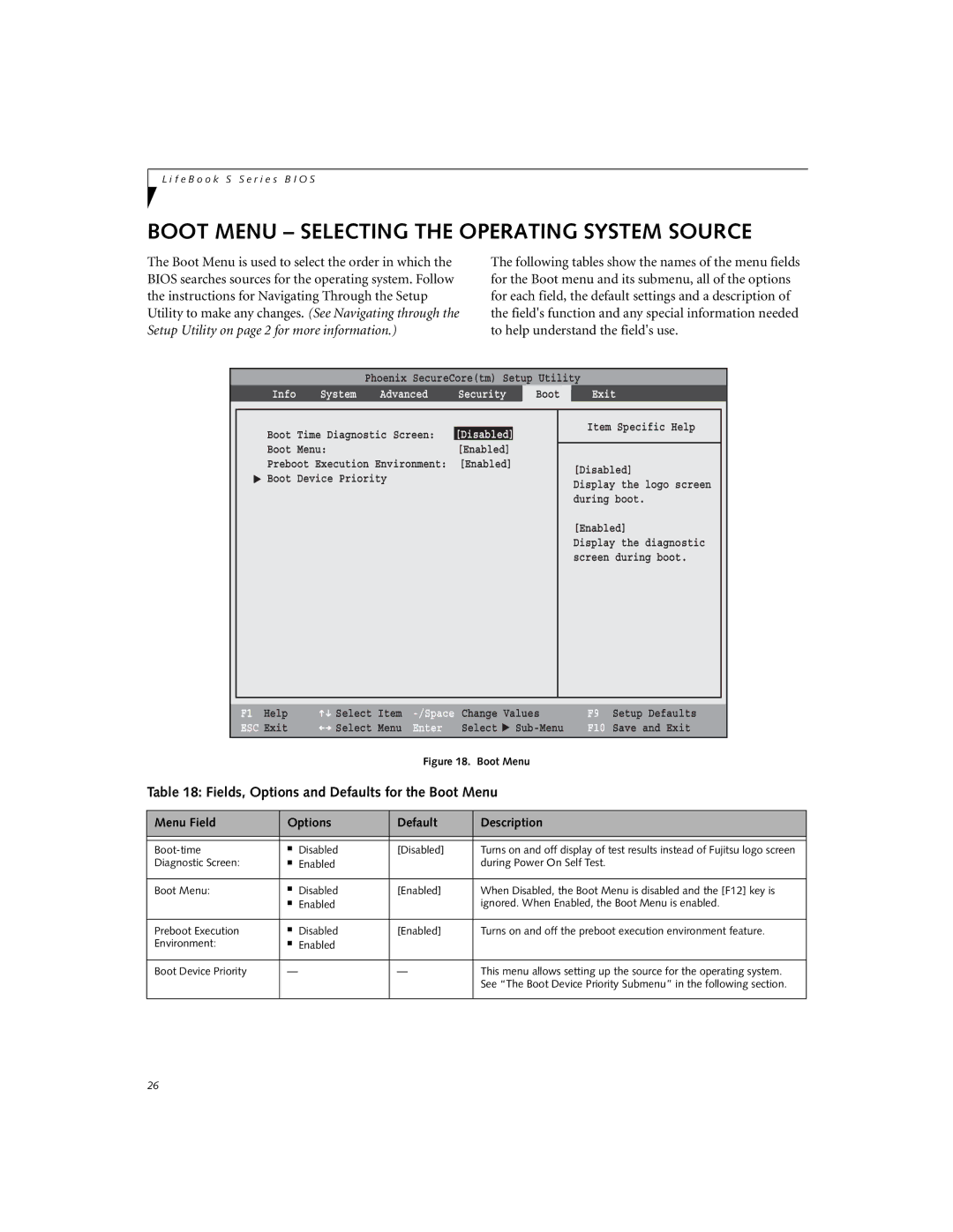 Fujitsu Siemens Computers S7220 manual Boot Menu Selecting the Operating System Source, Boot-time Disabled 