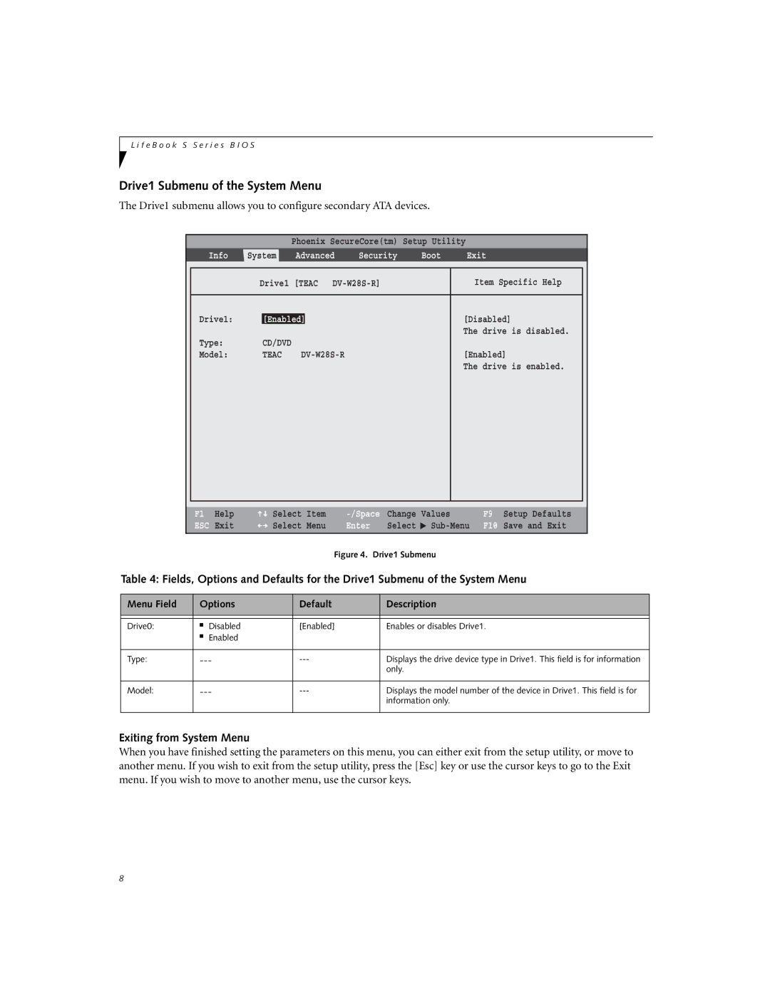 Fujitsu Siemens Computers S7220 manual Drive1 Submenu of the System Menu, Exiting from System Menu, Only, Information only 