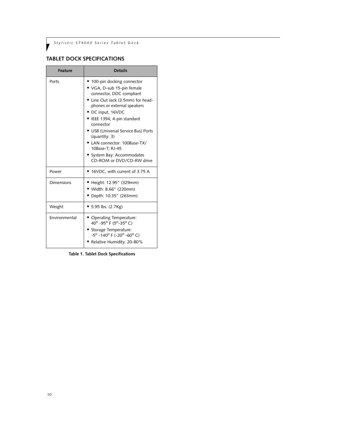 Fujitsu Siemens Computers ST4000 Series manual Tablet Dock Specifications, Feature Details 