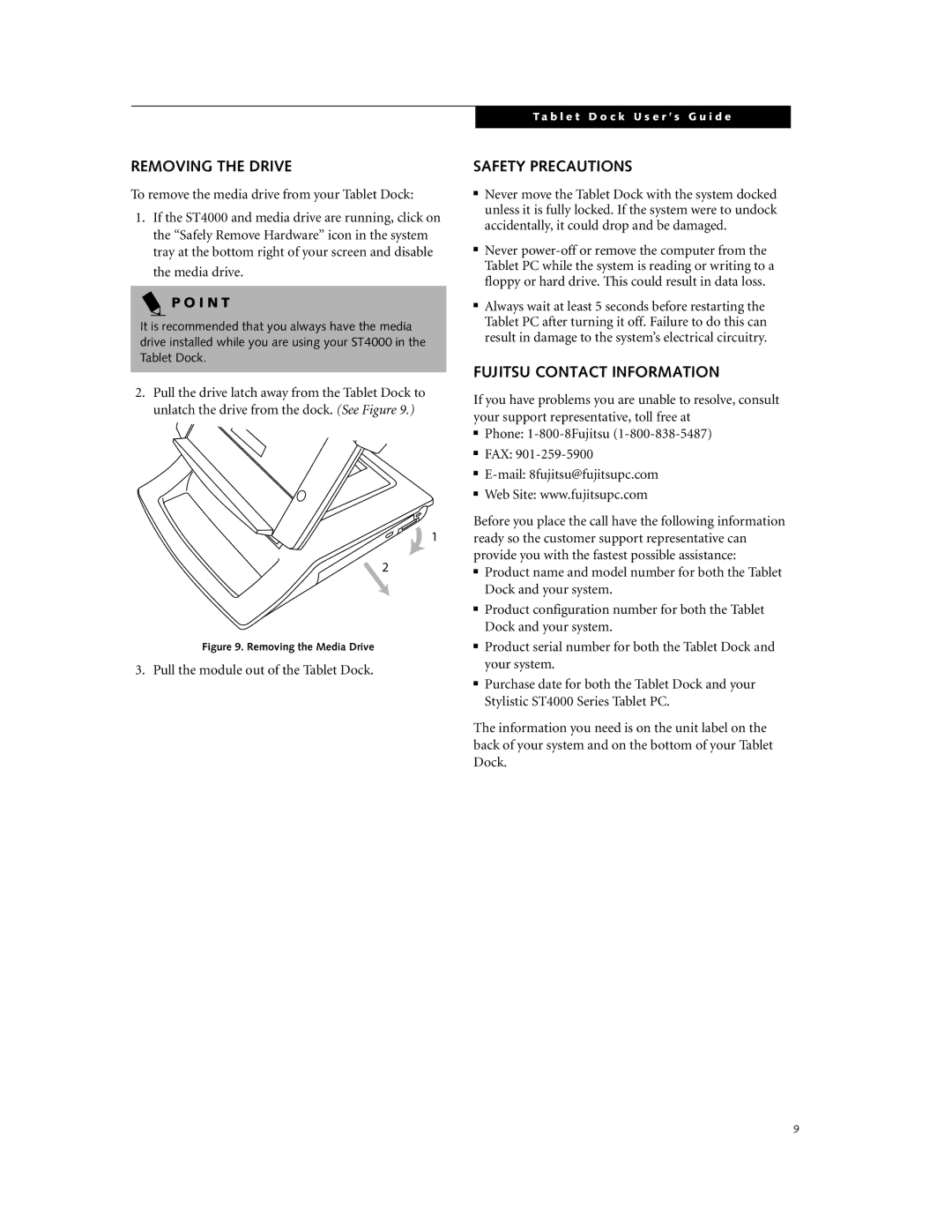 Fujitsu Siemens Computers ST4000 Series manual Removing the Drive, Safety Precautions, Fujitsu Contact Information 