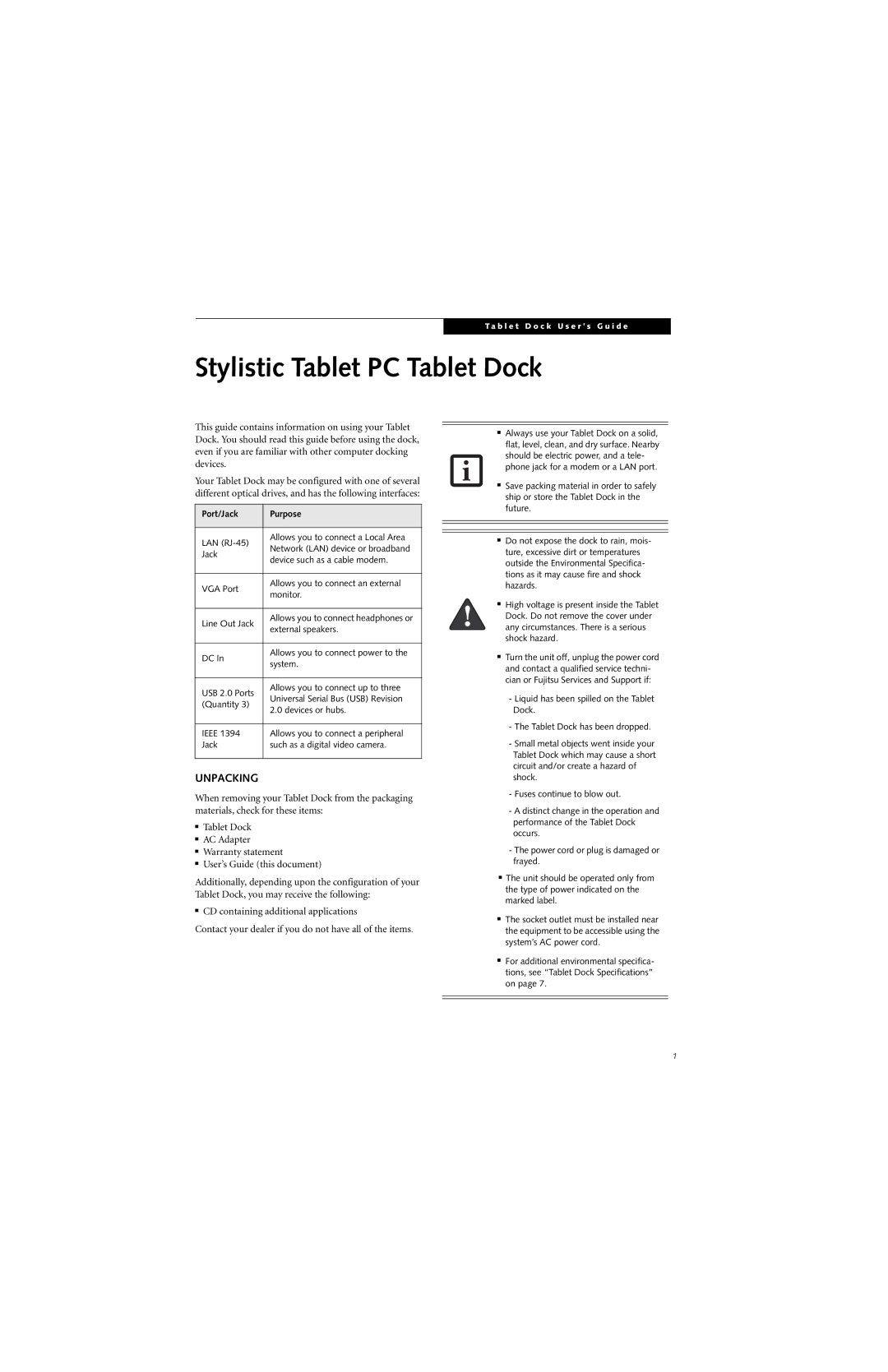 Fujitsu Siemens Computers ST5100 Series manual Stylistic Tablet PC Tablet Dock, Unpacking 