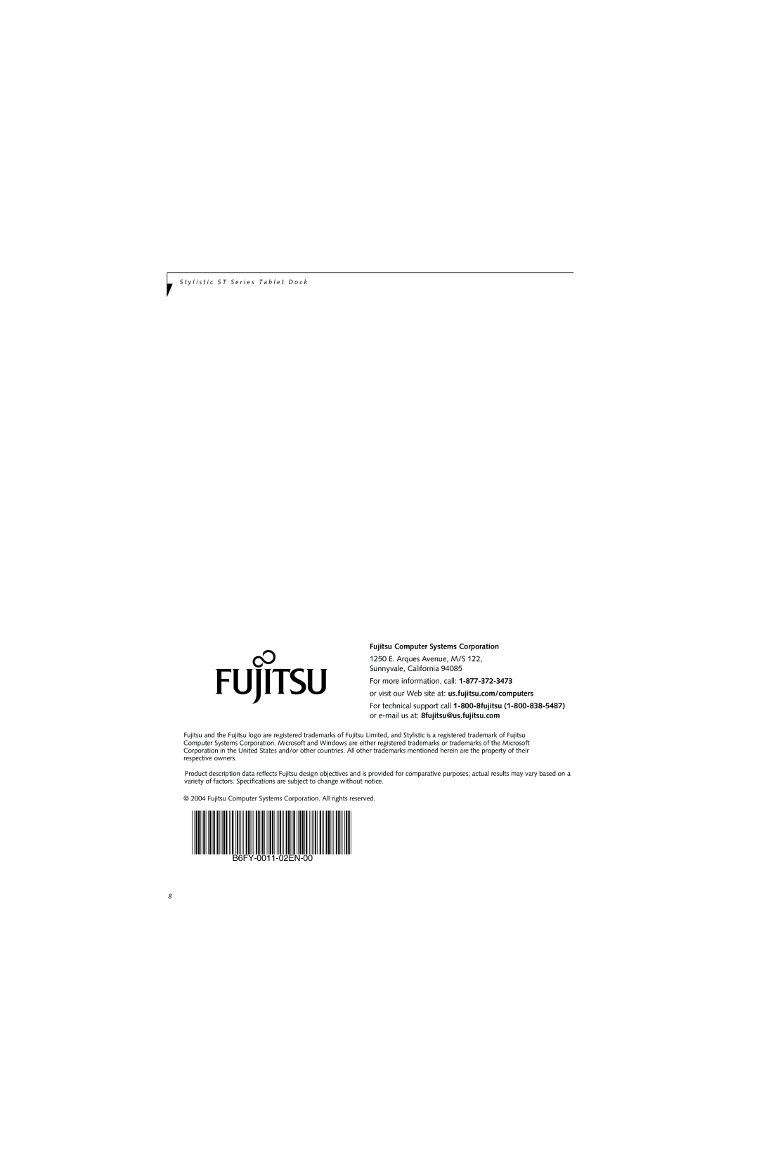 Fujitsu Siemens Computers Stylistic 5011D manual B6FY-0011-02EN-00, Fujitsu Computer Systems Corporation 