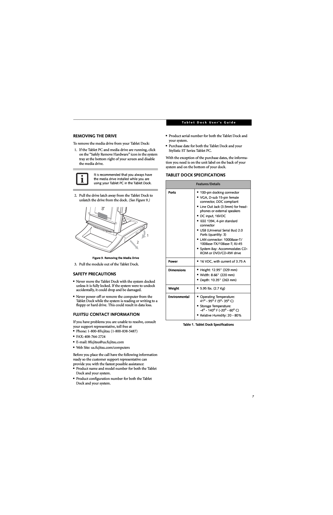 Fujitsu Siemens Computers Stylistic 5011D manual Removing The Drive, Safety Precautions, Fujitsu Contact Information 