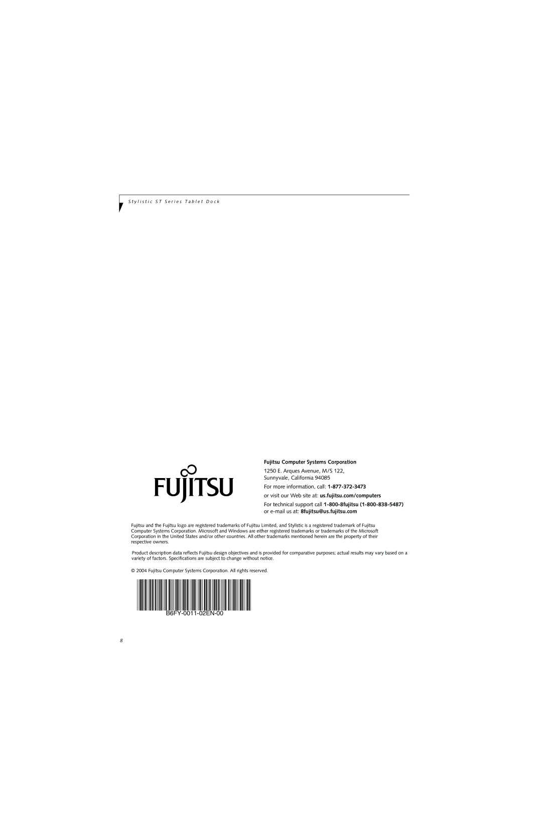 Fujitsu Siemens Computers Stylistic 5011D manual Fujitsu Computer Systems Corporation 