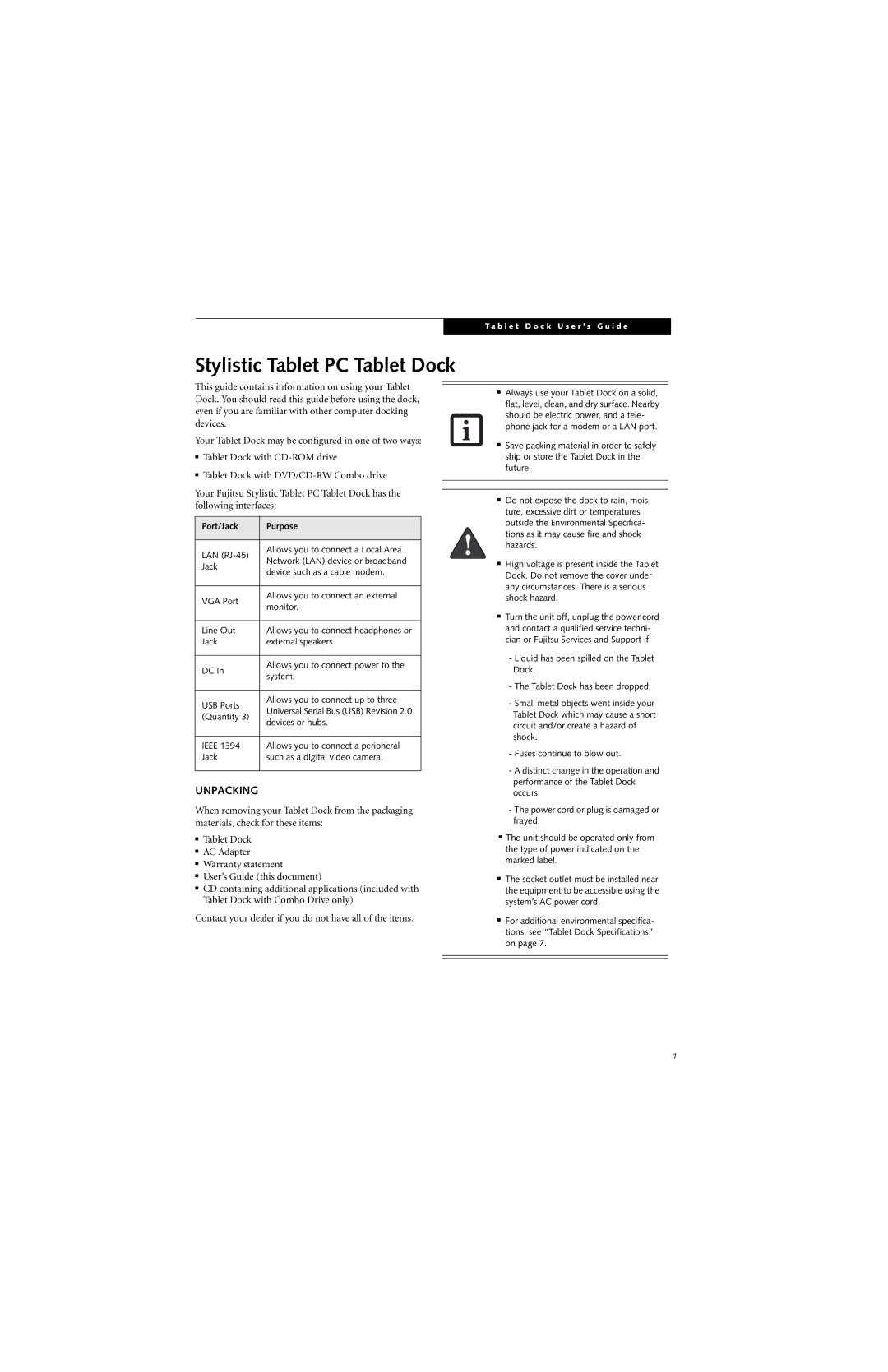 Fujitsu Siemens Computers Stylistic 5011D manual Unpacking, Port/Jack Purpose 