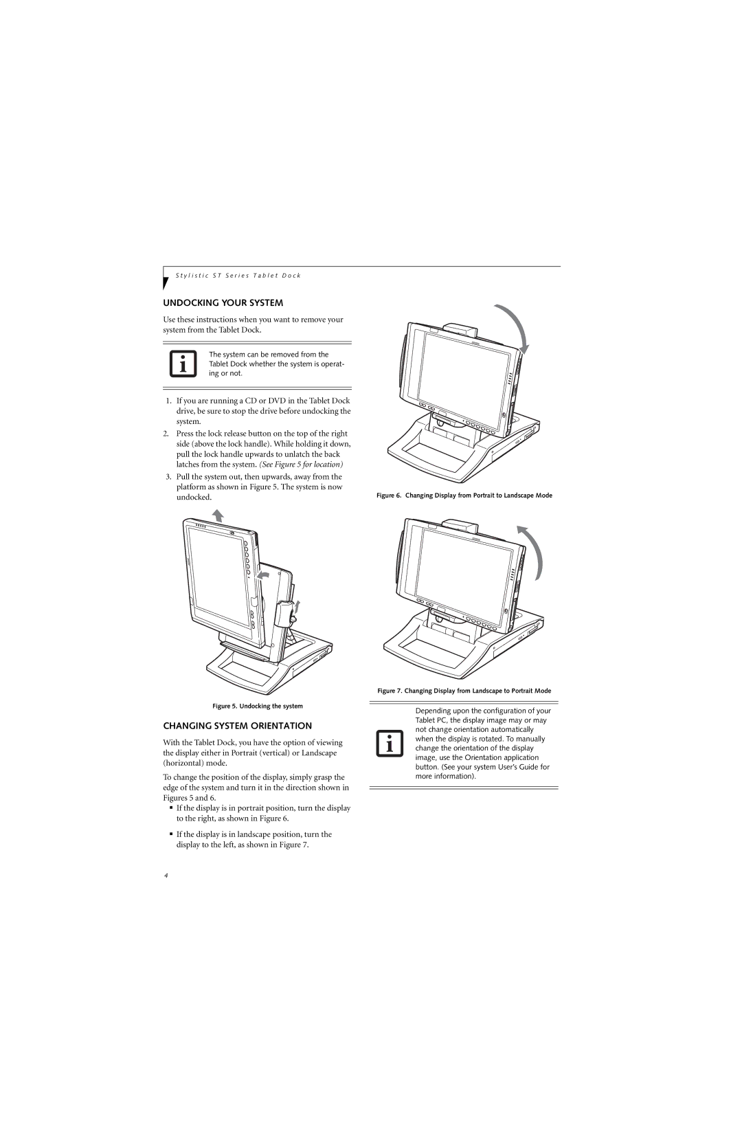 Fujitsu Siemens Computers Stylistic 5011D manual Undocking Your System, Changing System Orientation 