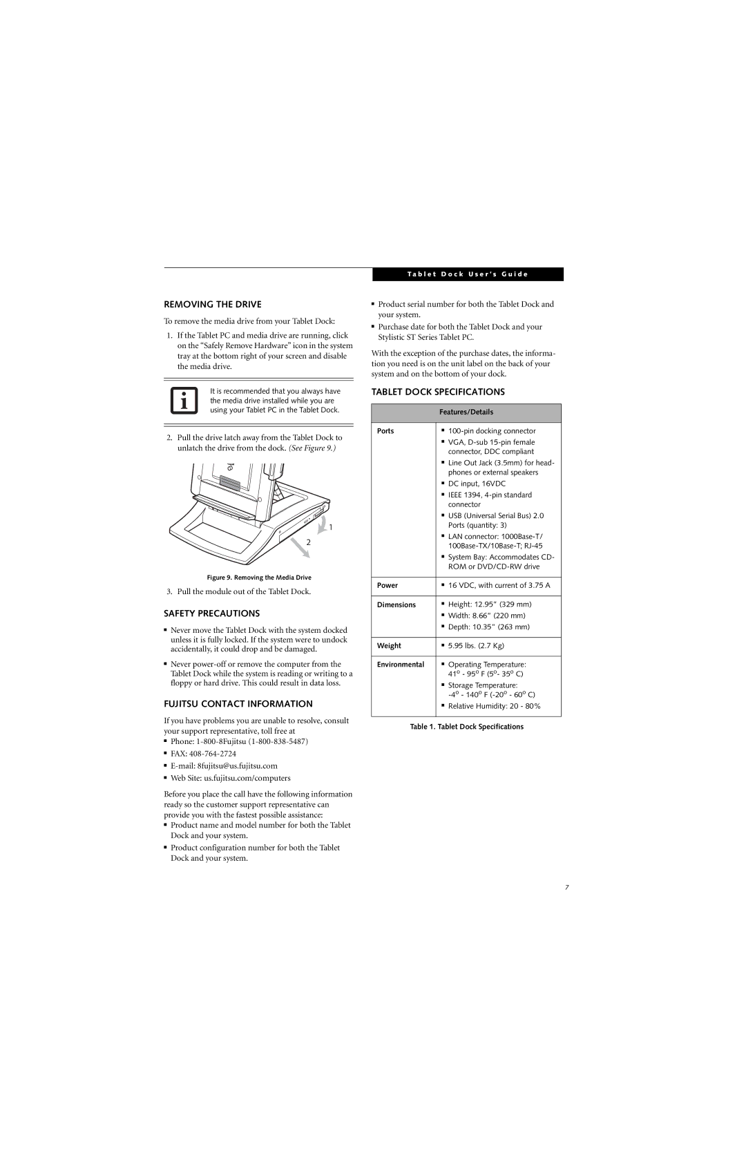 Fujitsu Siemens Computers Stylistic 5011D manual Removing the Drive, Safety Precautions, Fujitsu Contact Information 