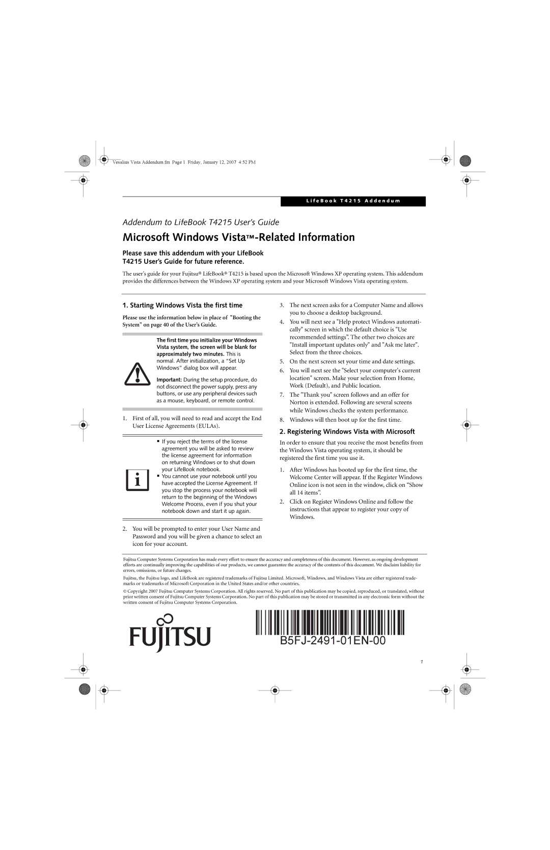 Fujitsu Siemens Computers T4215 manual Starting Windows Vista the first time, Registering Windows Vista with Microsoft 