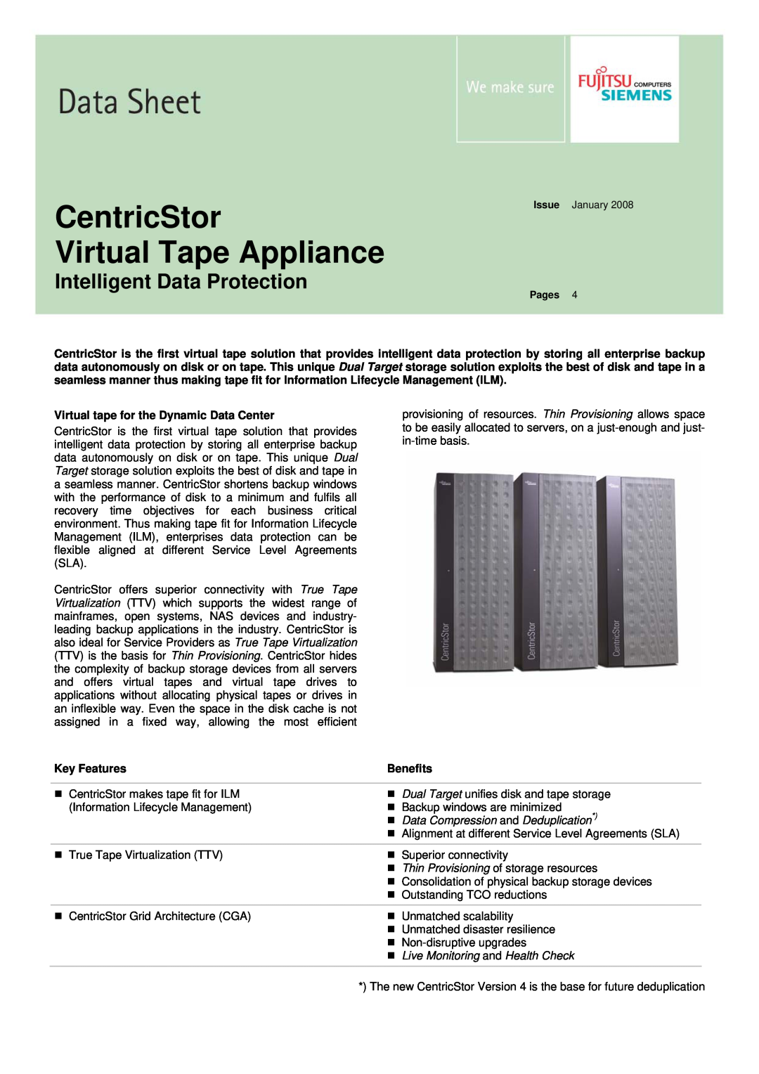 Fujitsu Siemens Computers Tape Appliance manual Virtual tape for the Dynamic Data Center, Key Features, Benefits 