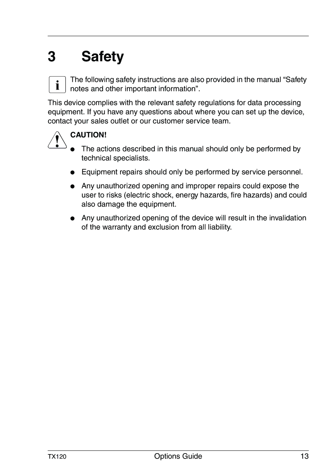 Fujitsu Siemens Computers TX120 manual Safety 