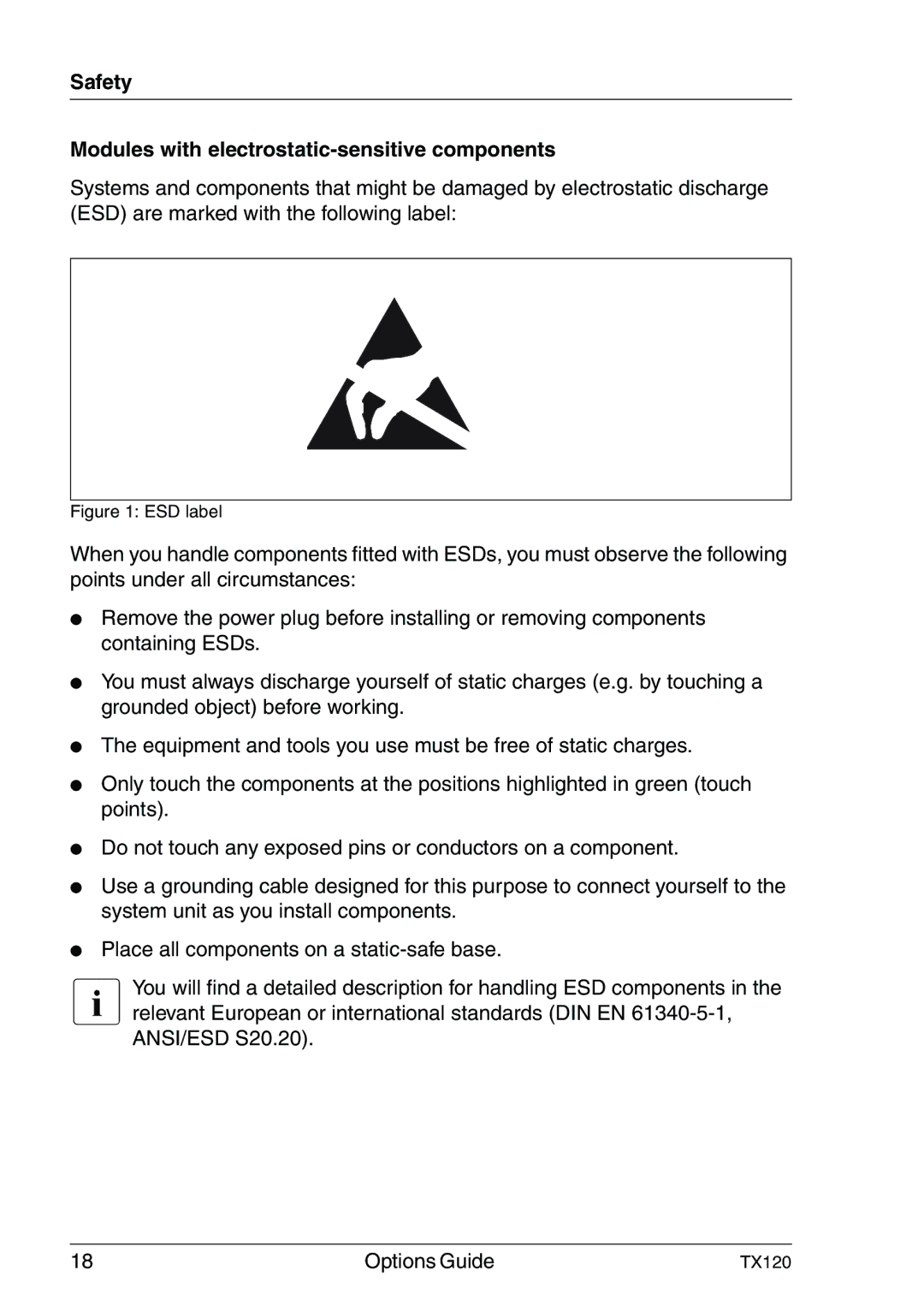 Fujitsu Siemens Computers TX120 manual Safety Modules with electrostatic-sensitive components, ESD label 