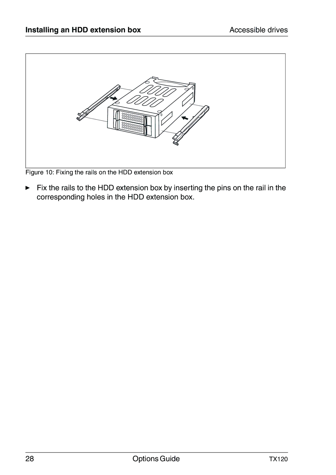Fujitsu Siemens Computers TX120 manual Installing an HDD extension box, Fixing the rails on the HDD extension box 
