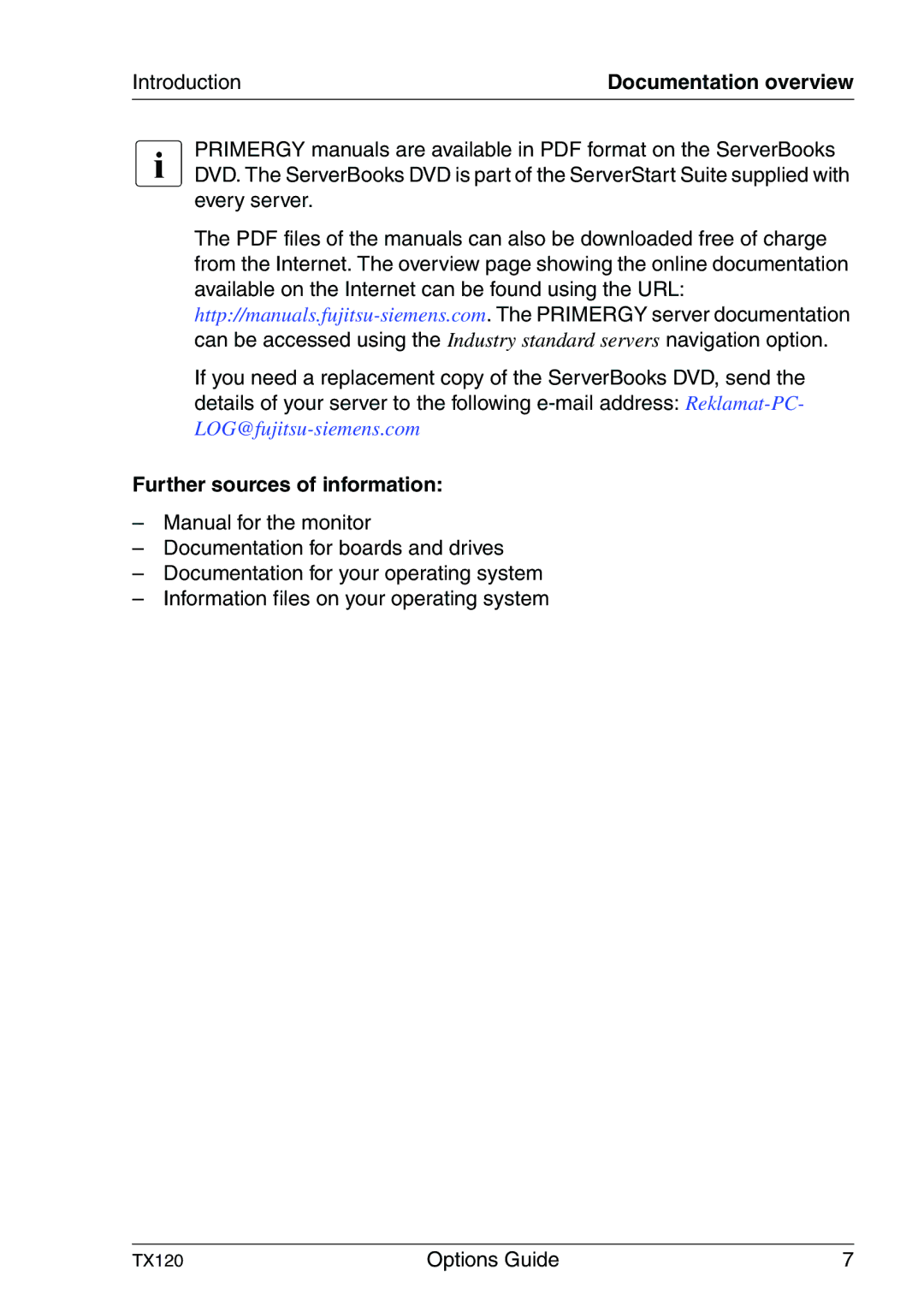 Fujitsu Siemens Computers TX120 manual Introduction, Further sources of information 