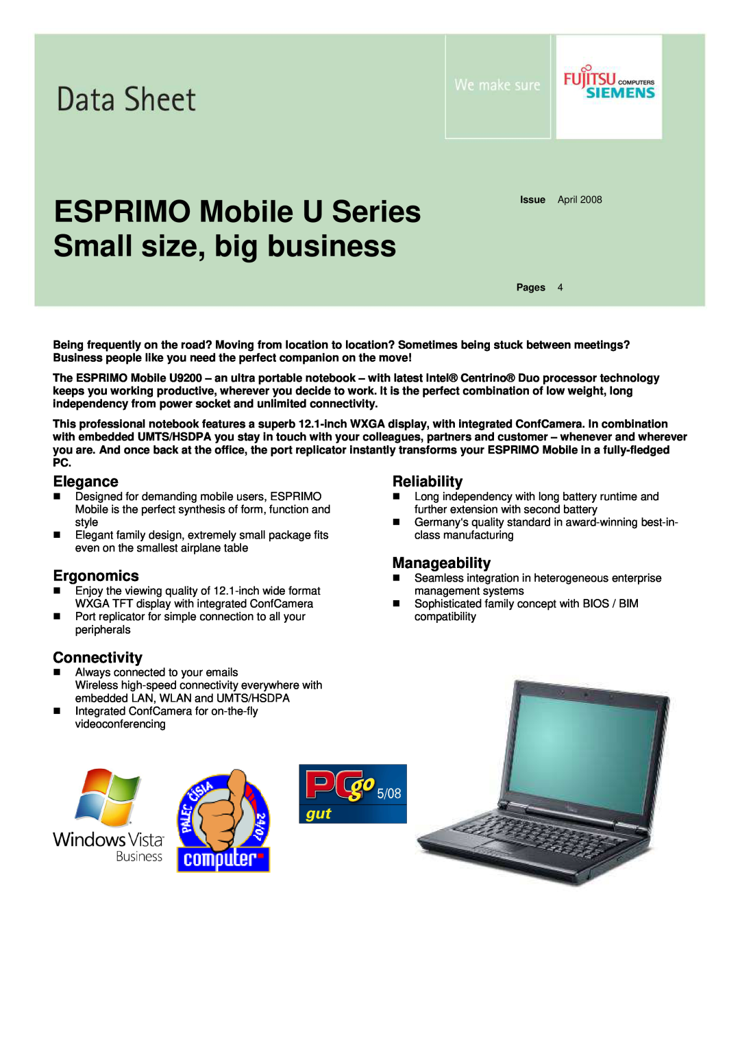 Fujitsu Siemens Computers manual ESPRIMO Mobile U Series Small size, big business, Elegance, Reliability, Ergonomics 