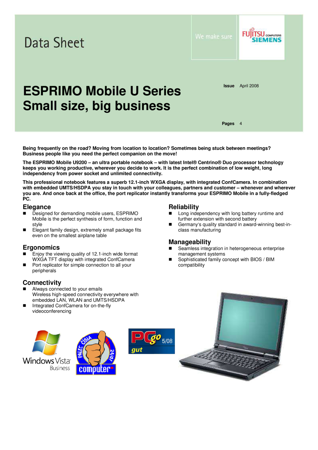 Fujitsu Siemens Computers manual Esprimo Mobile U Series Small size, big business 