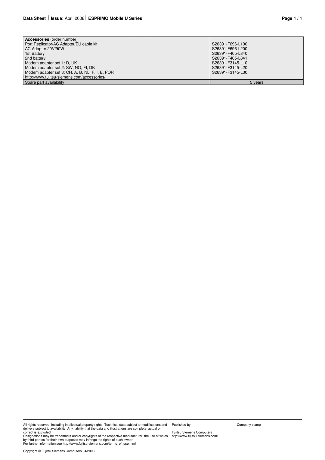 Fujitsu Siemens Computers manual Data Sheet ½ Issue April 2008½ Esprimo Mobile U Series 