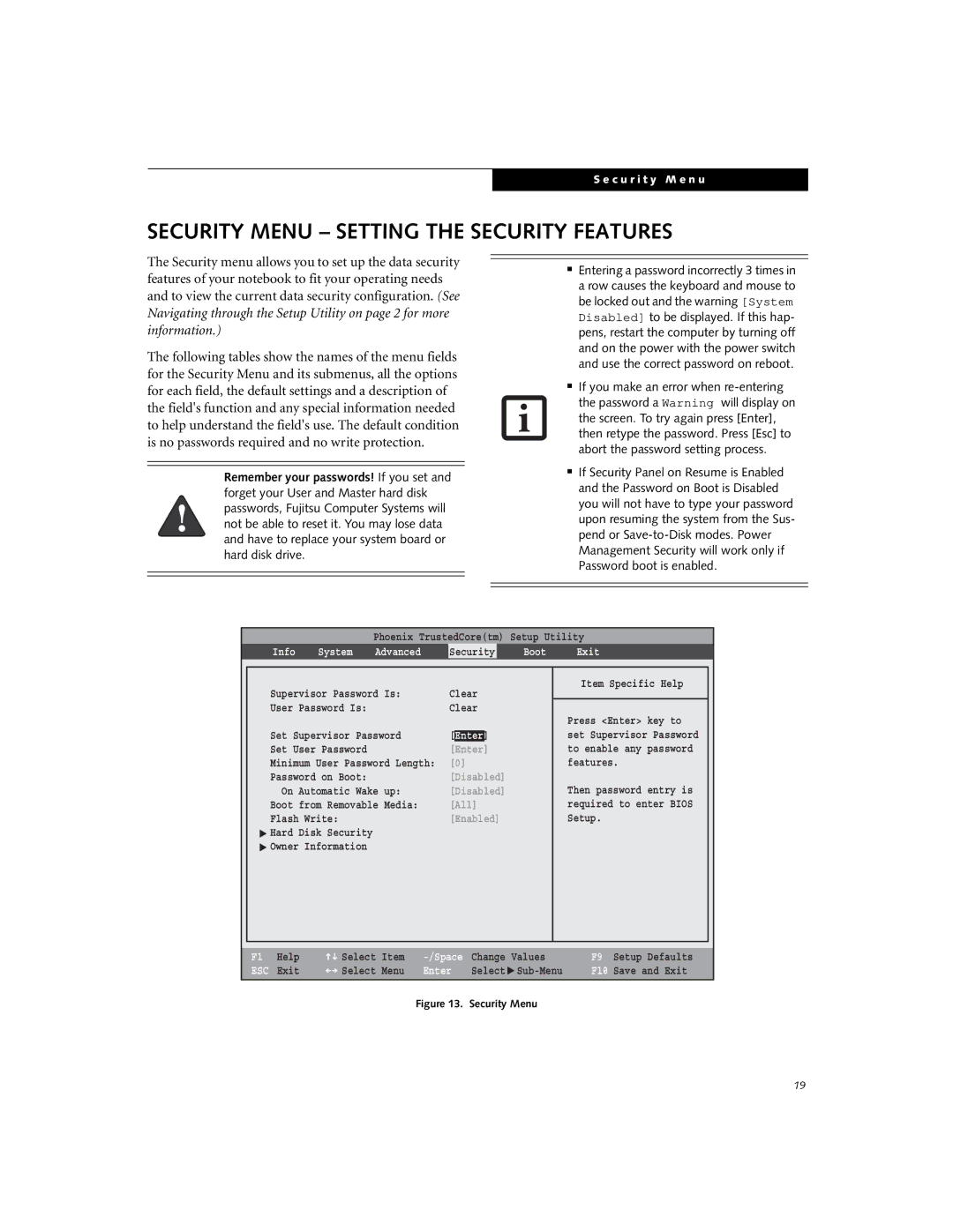 Fujitsu Siemens Computers V1020 manual Security Menu Setting the Security Features, Boot Exit 