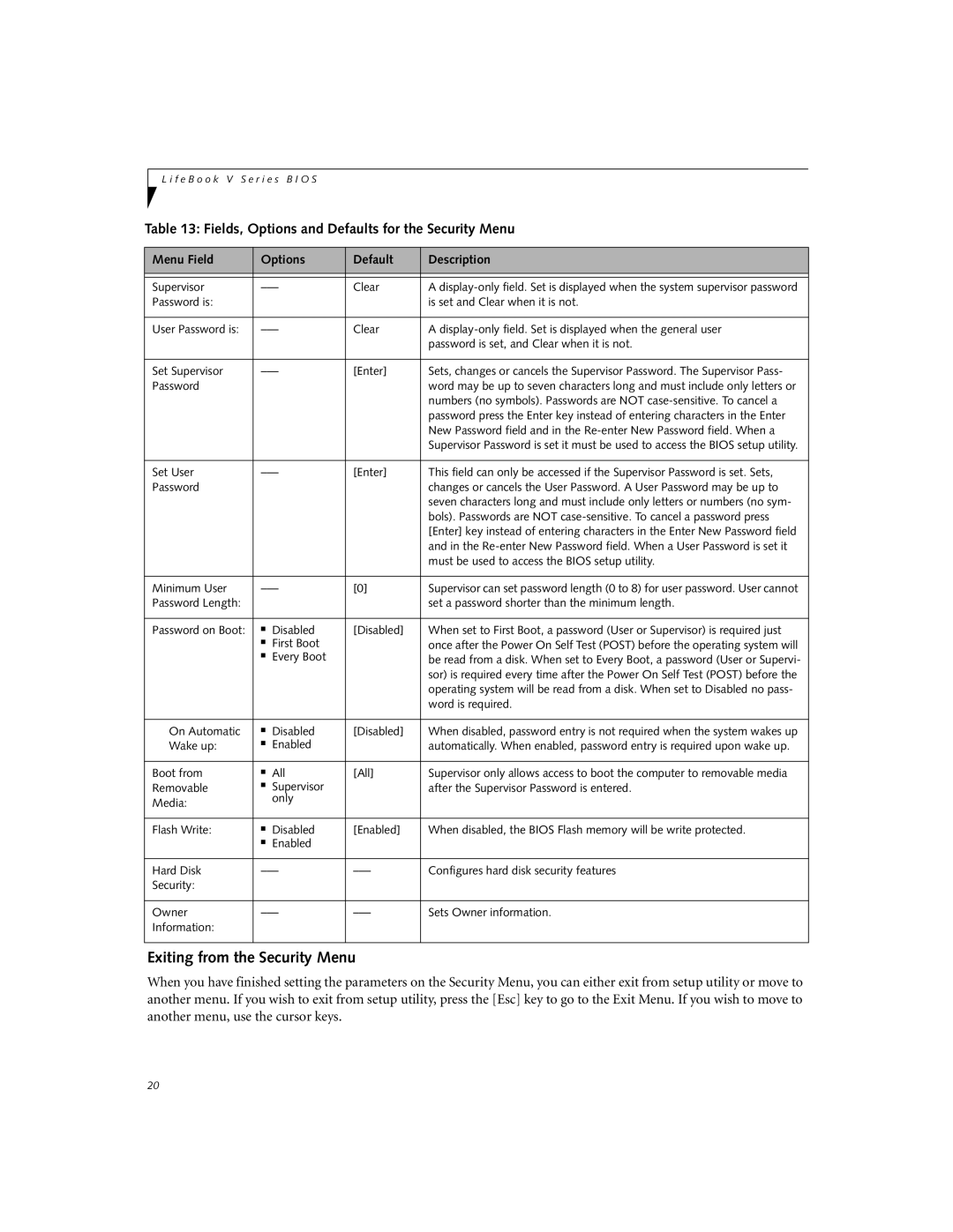 Fujitsu Siemens Computers V1020 manual Exiting from the Security Menu, Fields, Options and Defaults for the Security Menu 