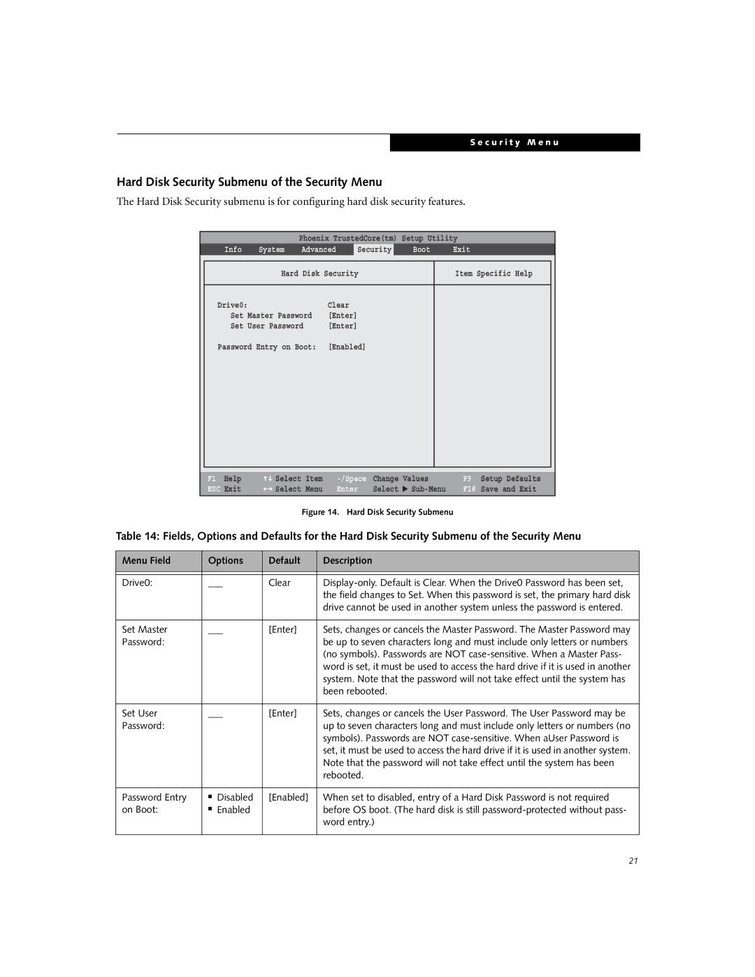 Fujitsu Siemens Computers V1020 manual Hard Disk Security Submenu of the Security Menu, Drive0 Clear 