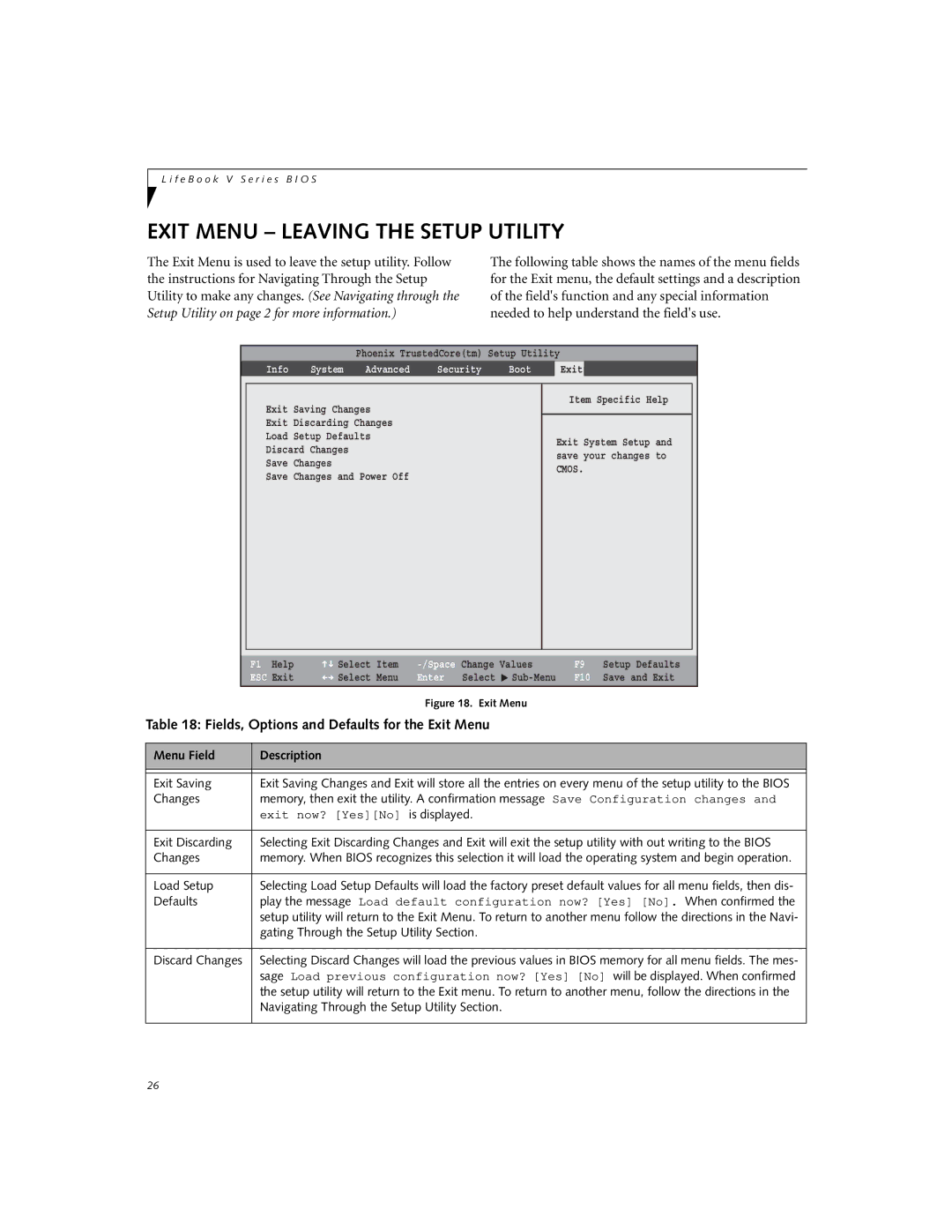 Fujitsu Siemens Computers V1020 manual Exit Menu Leaving the Setup Utility, Fields, Options and Defaults for the Exit Menu 