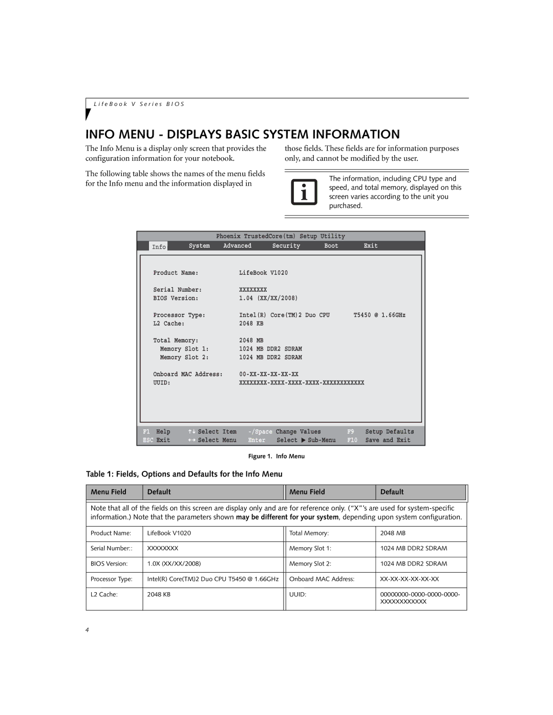 Fujitsu Siemens Computers V1020 manual Info Menu Displays Basic System Information, ESC Exit, Enter 