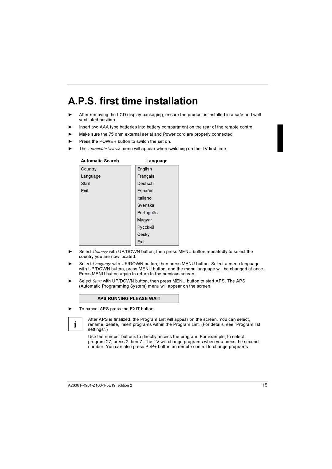 Fujitsu Siemens Computers V17-1 manual S. first time installation, Automatic Search, Language 