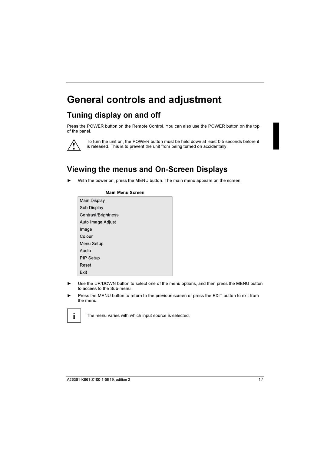 Fujitsu Siemens Computers V17-1 manual General controls and adjustment, Tuning display on and off, Main Menu Screen 