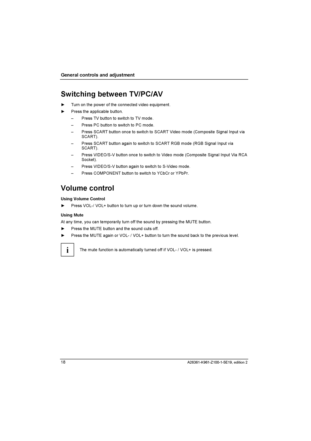 Fujitsu Siemens Computers V17-1 Switching between TV/PC/AV, Volume control, General controls and adjustment, Using Mute 