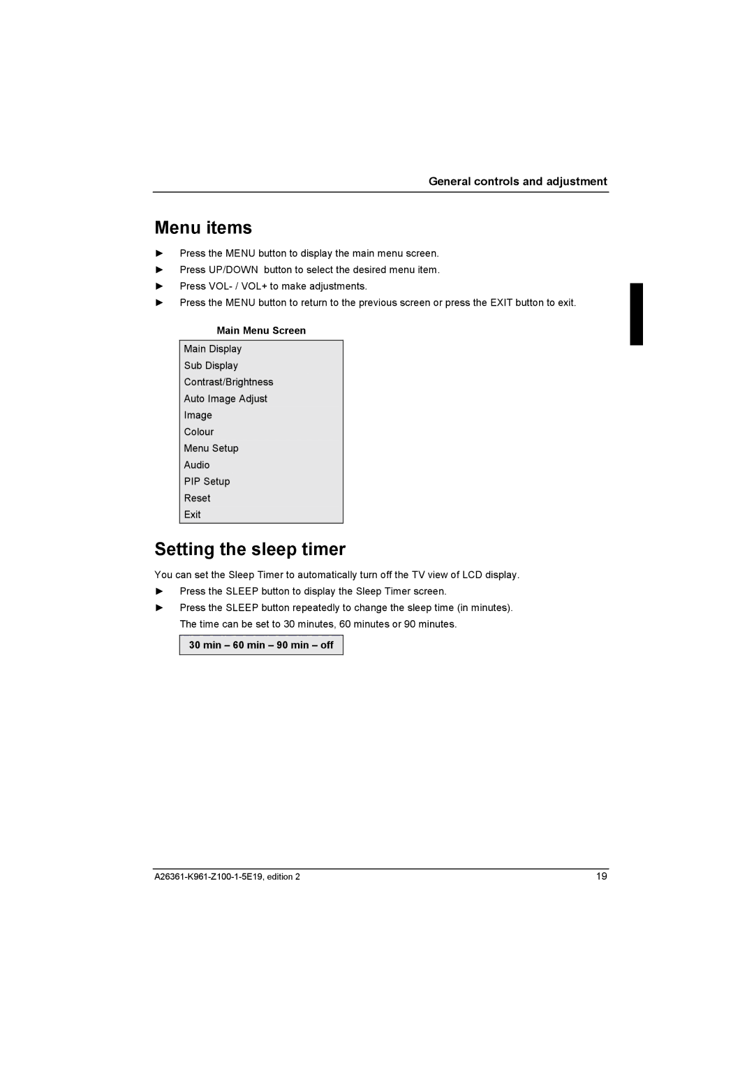 Fujitsu Siemens Computers V17-1 manual Menu items, Setting the sleep timer, Min 60 min 90 min off 