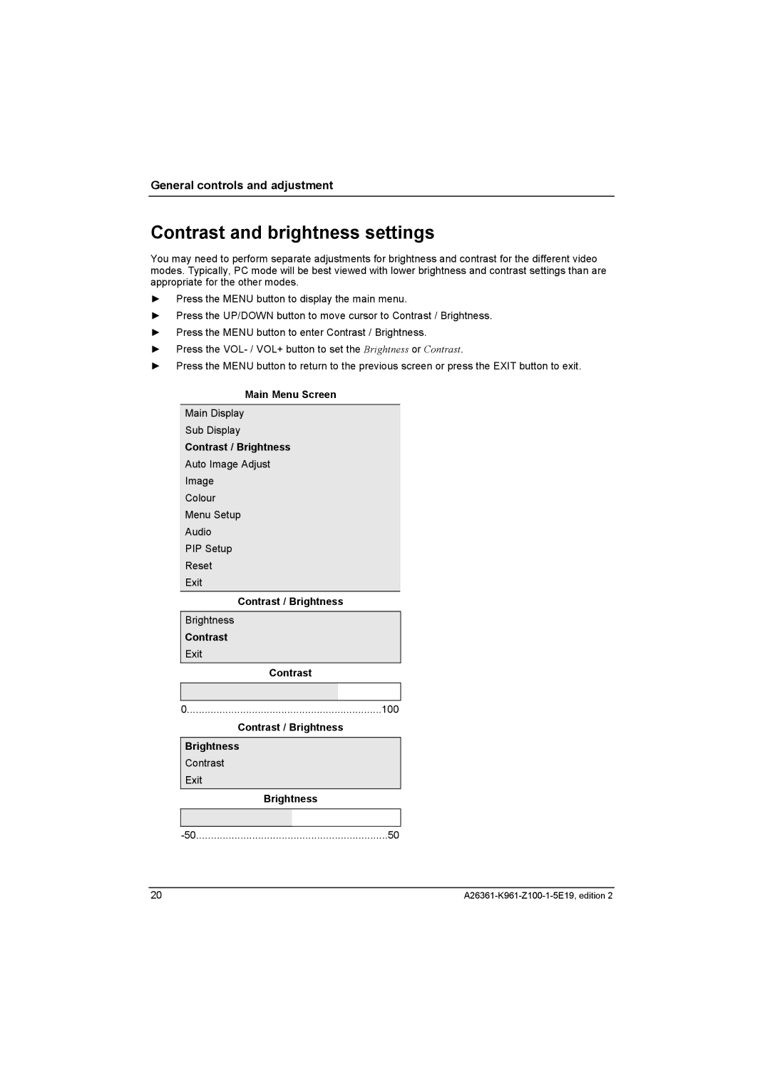 Fujitsu Siemens Computers V17-1 manual Contrast and brightness settings, Contrast / Brightness 