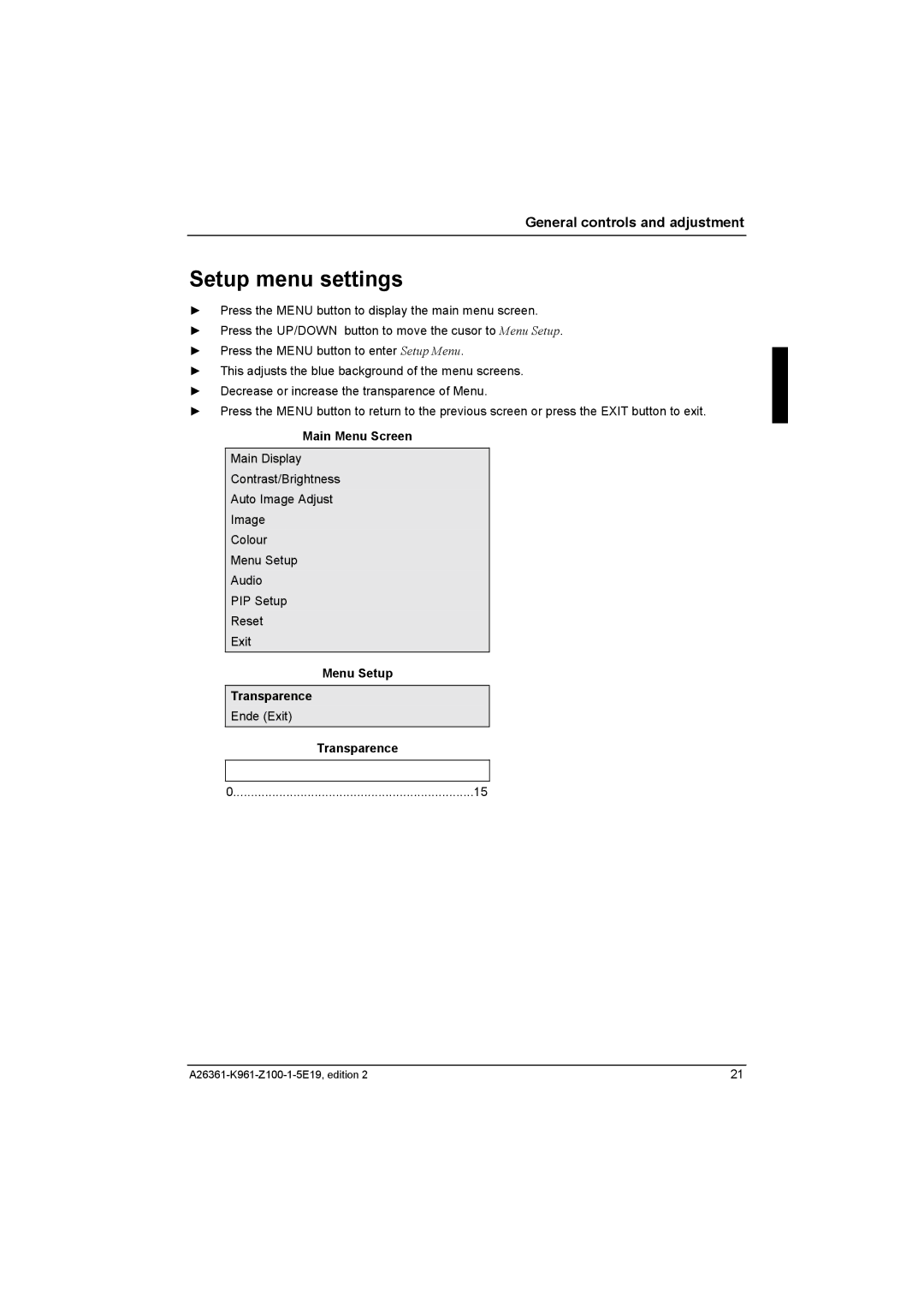 Fujitsu Siemens Computers V17-1 manual Setup menu settings, Menu Setup Transparence 