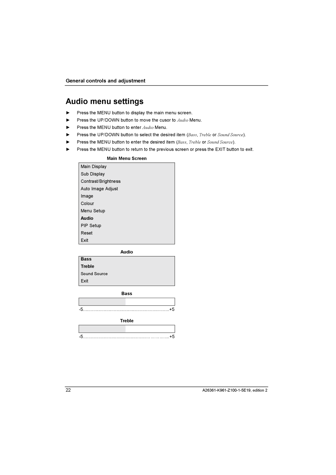 Fujitsu Siemens Computers V17-1 manual Audio menu settings, Audio Bass Treble 