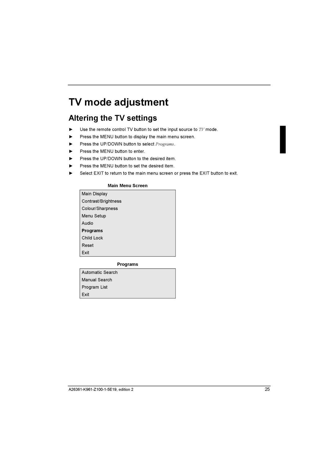 Fujitsu Siemens Computers V17-1 manual TV mode adjustment, Altering the TV settings, Programs 