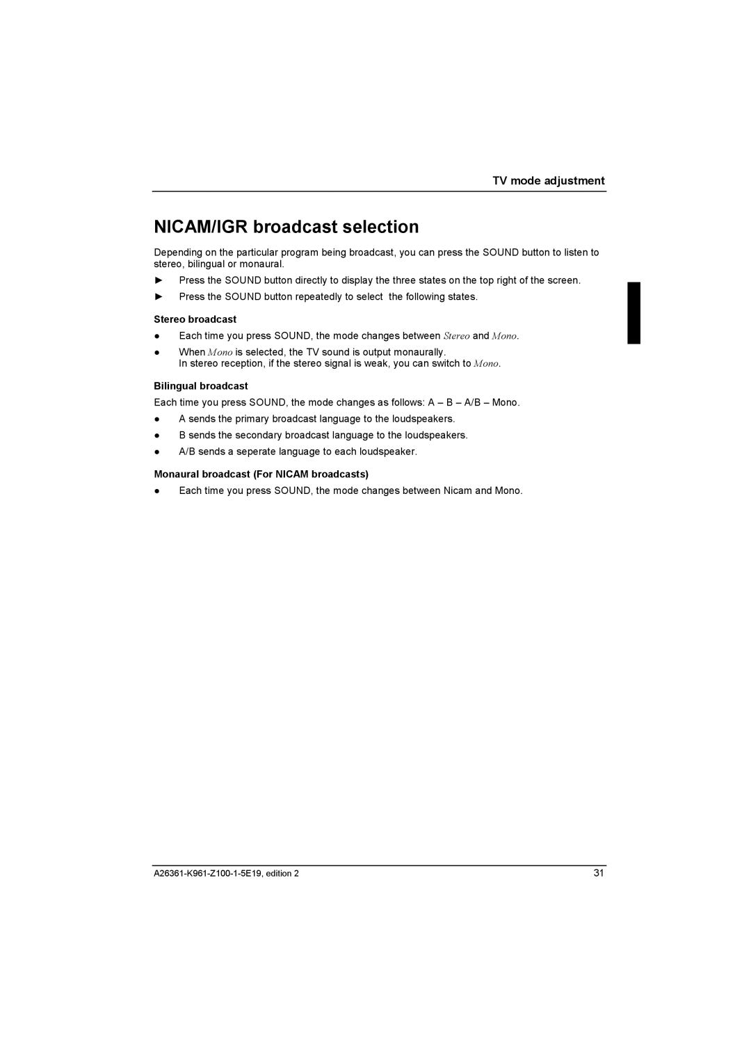 Fujitsu Siemens Computers V17-1 manual NICAM/IGR broadcast selection, Stereo broadcast, Bilingual broadcast 