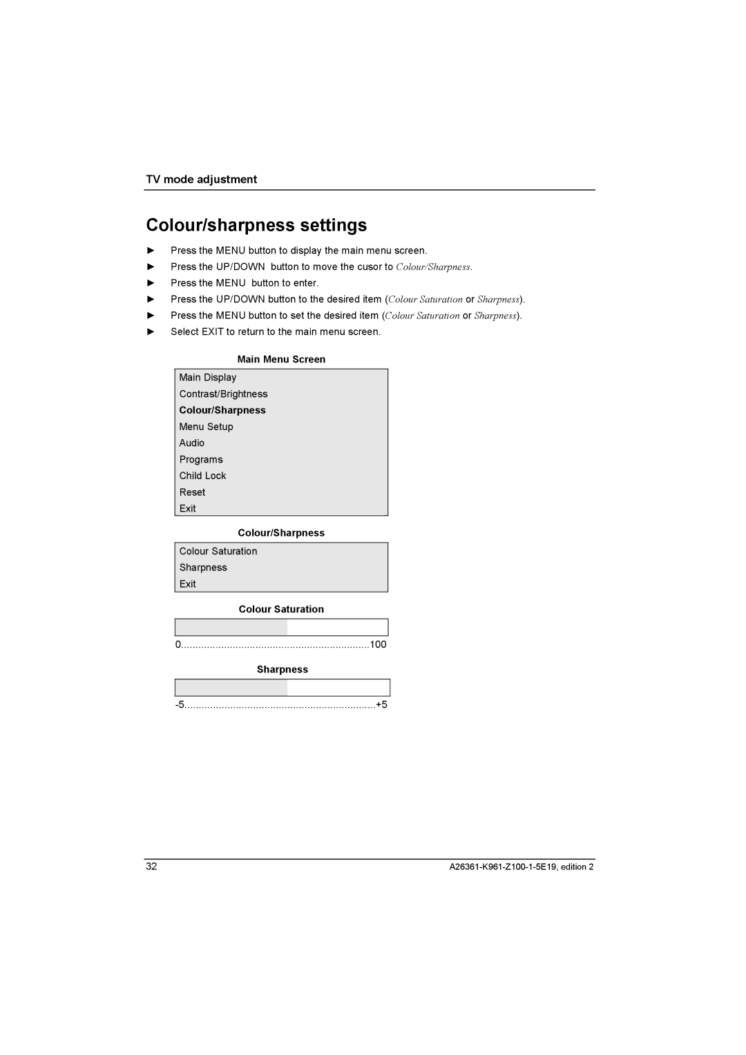 Fujitsu Siemens Computers V17-1 manual Colour/sharpness settings, Colour/Sharpness, 100 