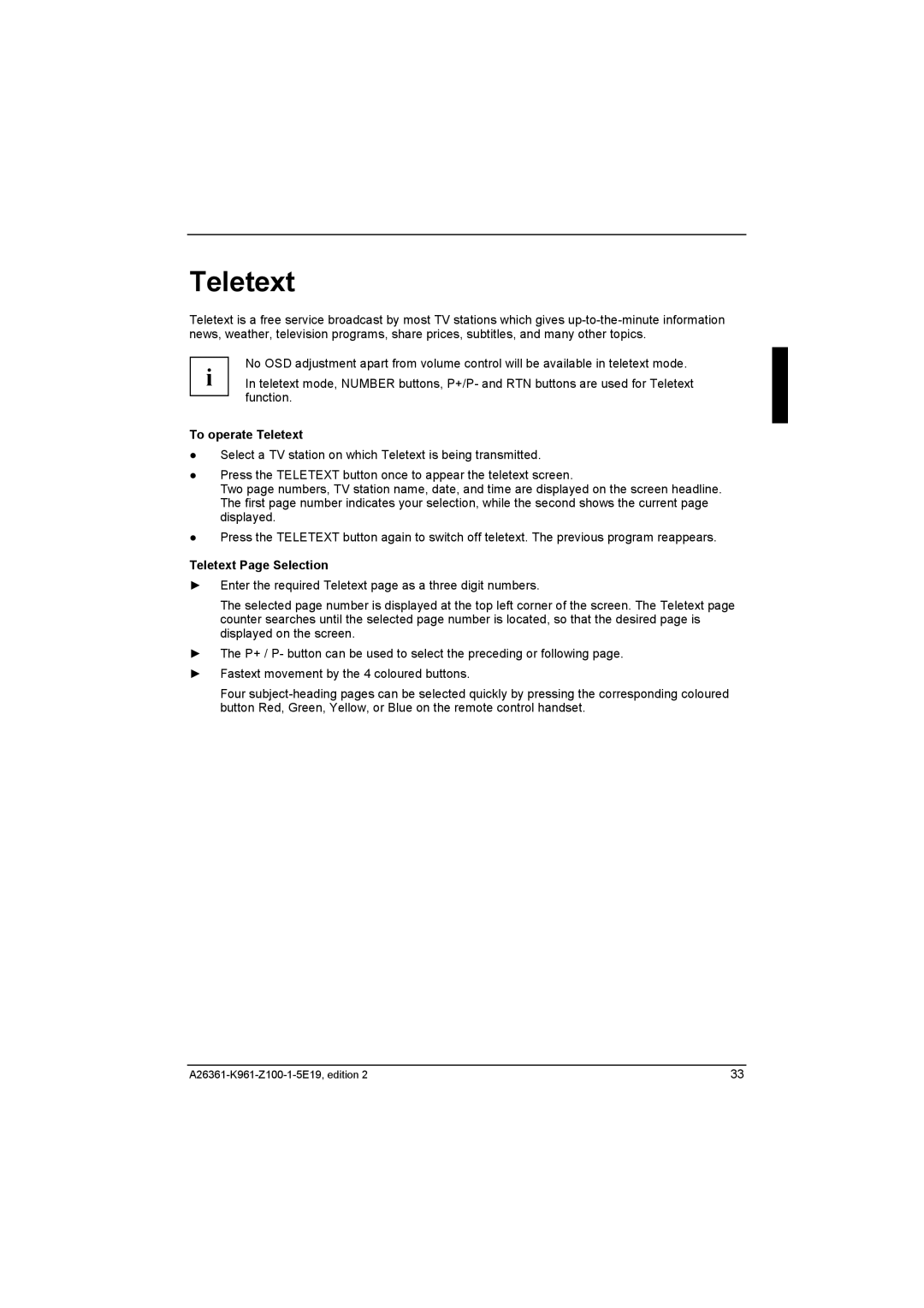 Fujitsu Siemens Computers V17-1 manual To operate Teletext, Teletext Page Selection 