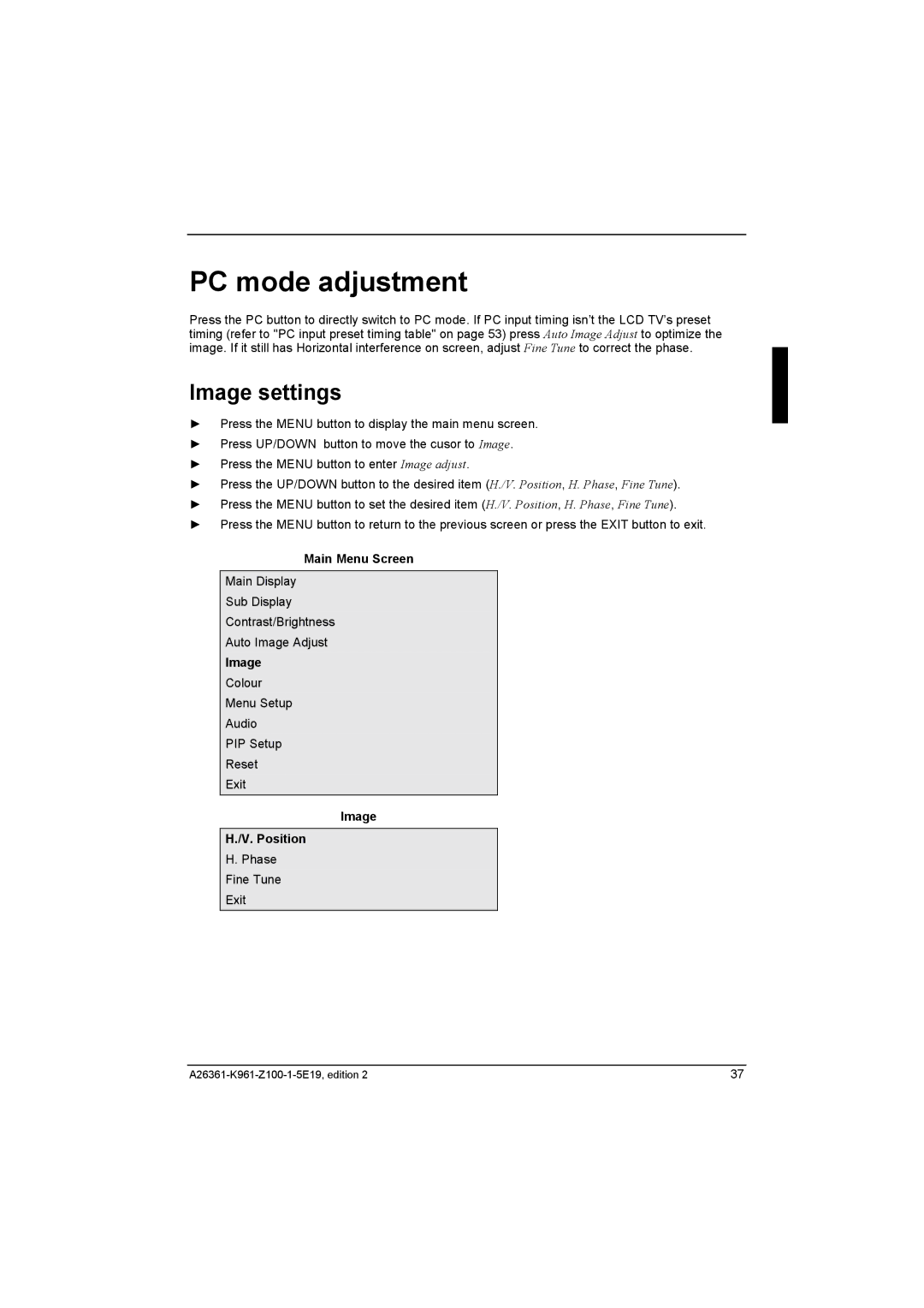 Fujitsu Siemens Computers V17-1 manual PC mode adjustment, Image settings, Image Position 