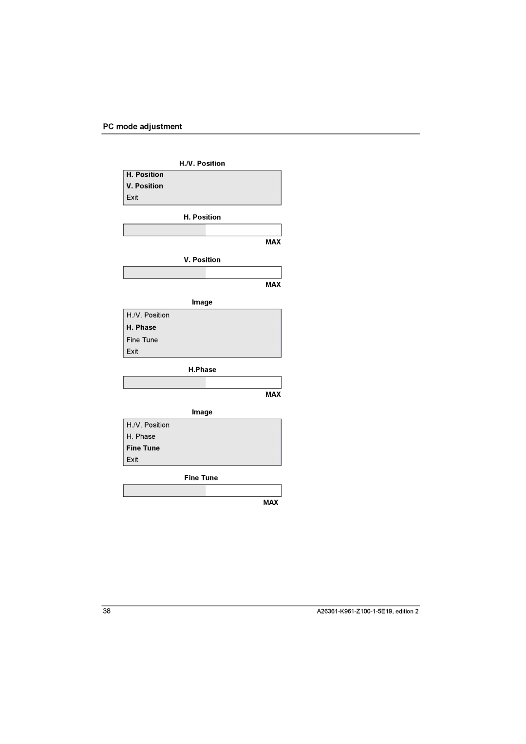 Fujitsu Siemens Computers V17-1 manual PC mode adjustment, Position Position V. Position Exit, Phase Fine Tune Exit 