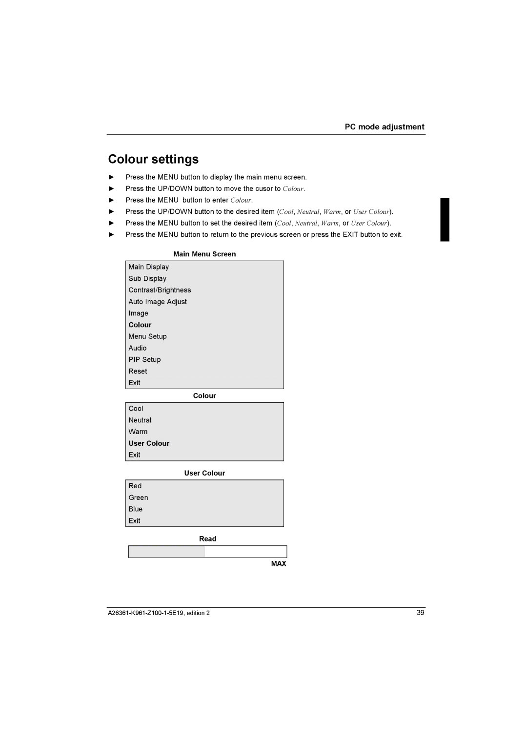 Fujitsu Siemens Computers V17-1 manual Colour settings, User Colour, Read 