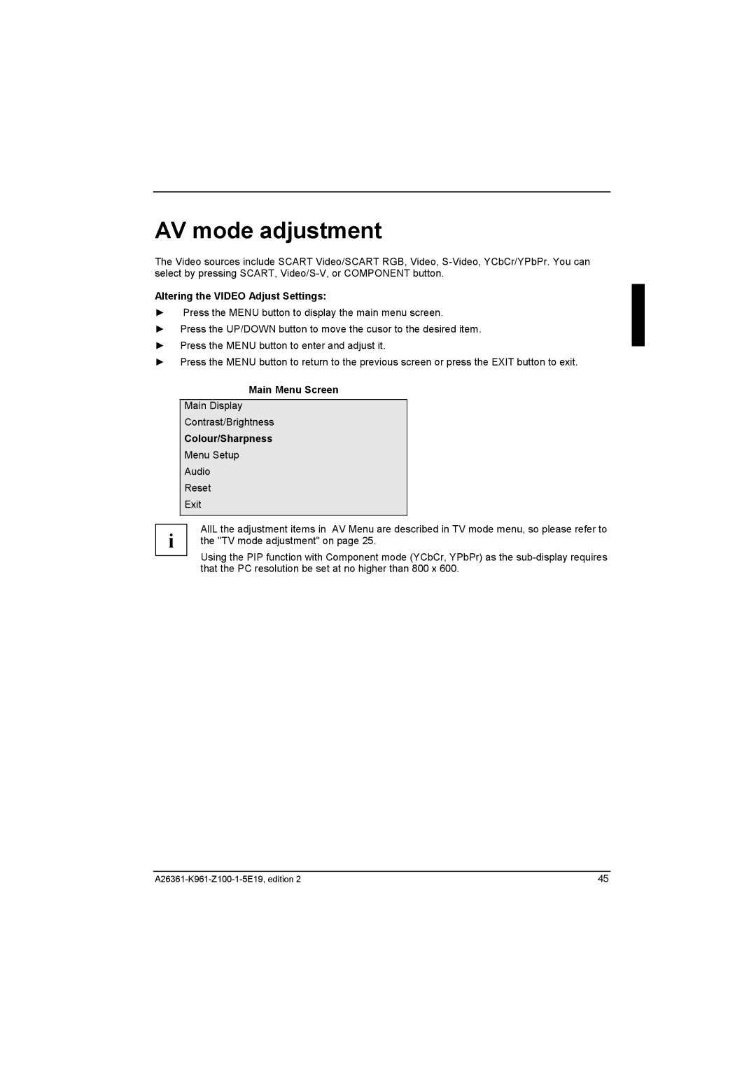 Fujitsu Siemens Computers V17-1 manual AV mode adjustment, Altering the Video Adjust Settings 