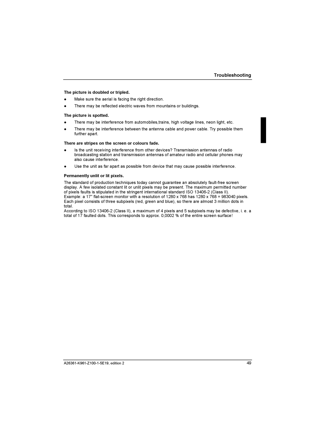 Fujitsu Siemens Computers V17-1 manual Picture is doubled or tripled, Picture is spotted, Permanently unlit or lit pixels 