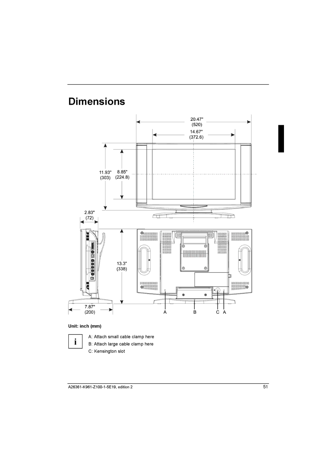 Fujitsu Siemens Computers V17-1 manual Dimensions, Unit inch mm 