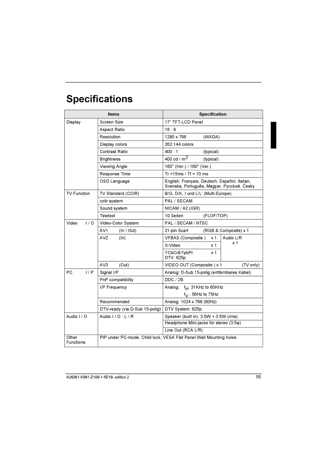 Fujitsu Siemens Computers V17-1 manual Specifications, Items Specification 