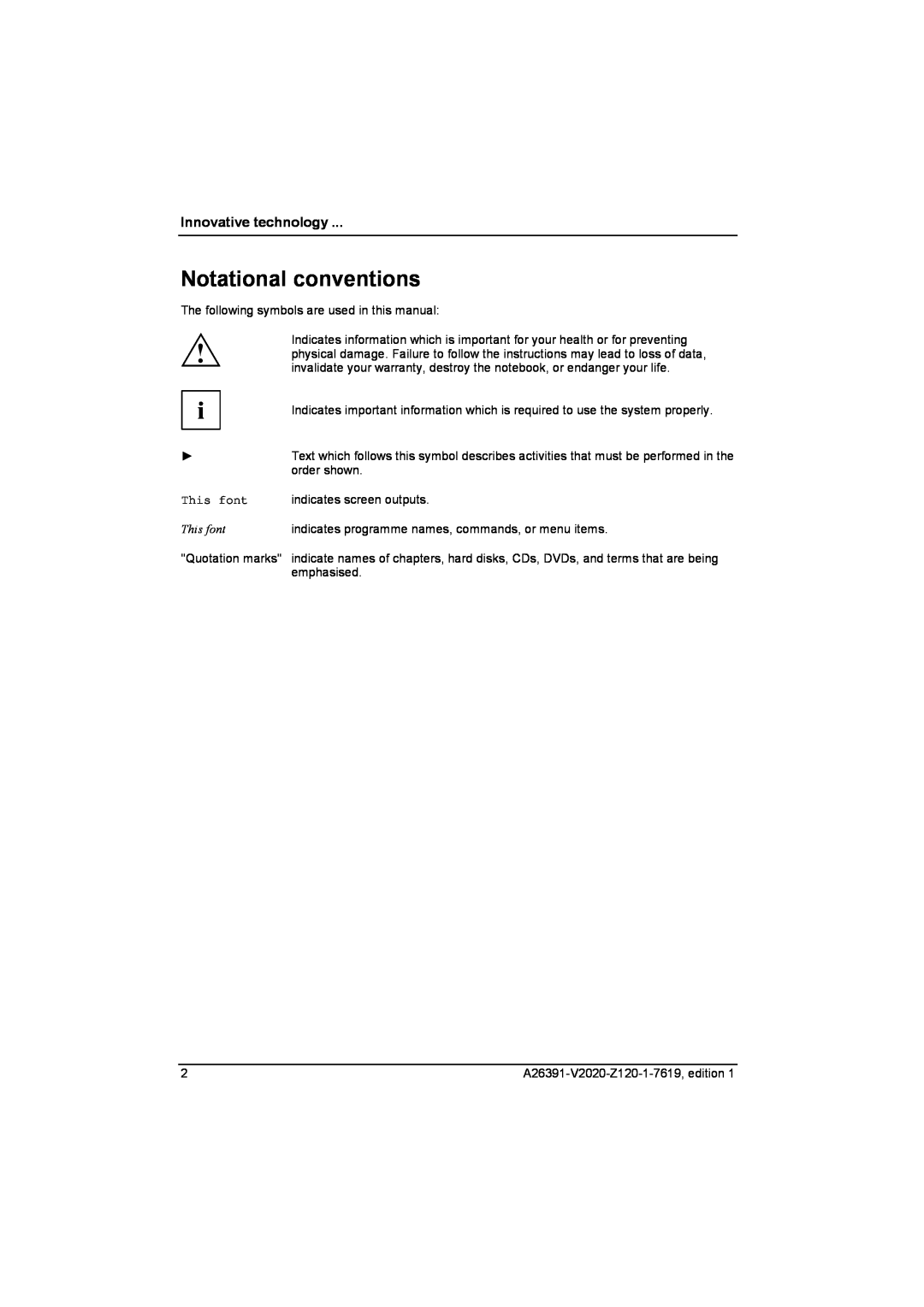 Fujitsu Siemens Computers V2020 manual Notational conventions, Innovative technology, This font 