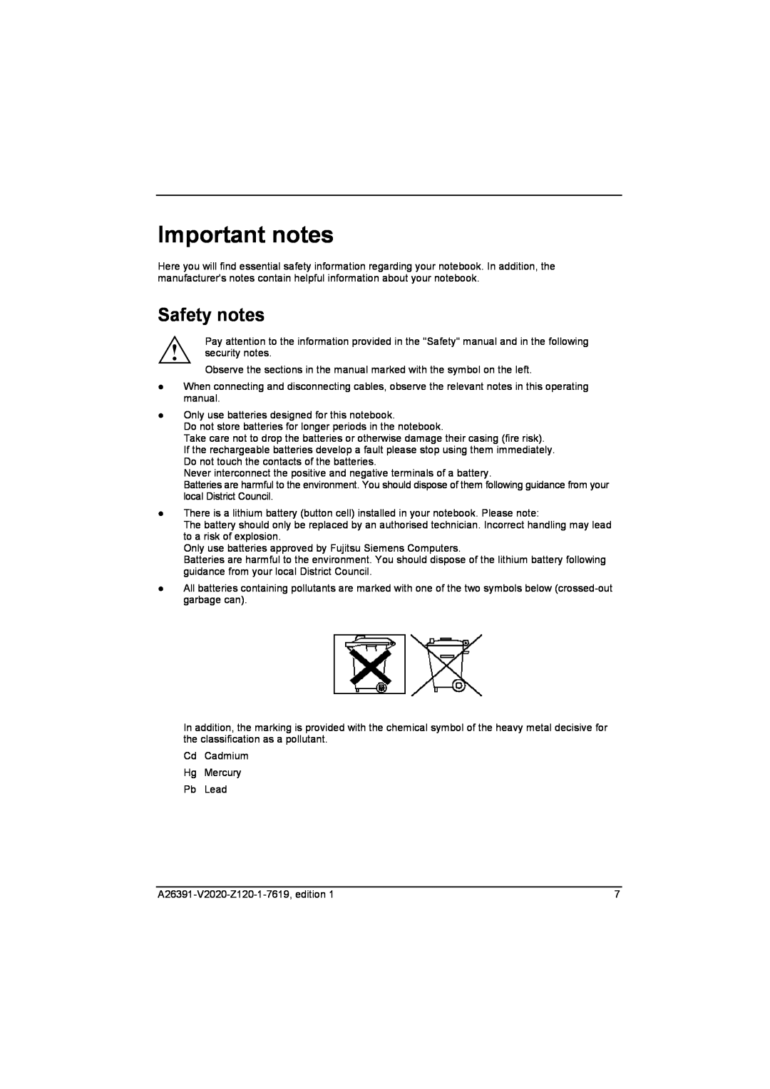 Fujitsu Siemens Computers V2020 manual Important notes, Safety notes 
