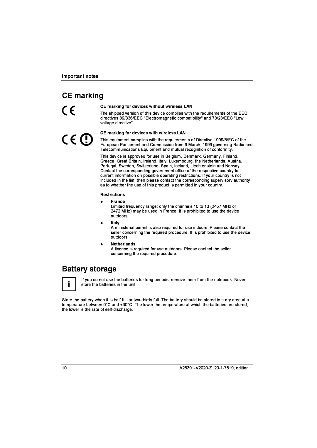 Fujitsu Siemens Computers V2020 Battery storage, CE marking for devices without wireless LAN, Restrictions France 