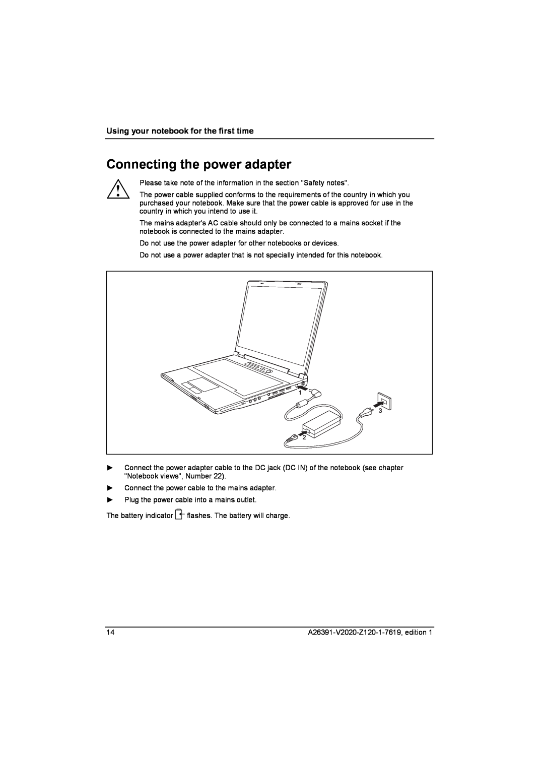 Fujitsu Siemens Computers V2020 manual Connecting the power adapter, Using your notebook for the first time 